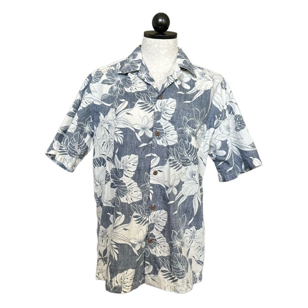 Two Palms Hawaiian Reverse Print Shirt Monstera Orchid Navy Size Medium